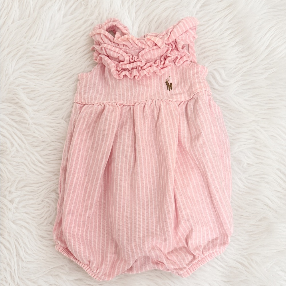 Ralph Lauren Baby Pink Striped Bubble Romper | 3 Months | Ruffle Collar